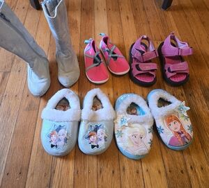 Disney Kids Pink and Light Blue Frozen Slippers and Pink Sandals Shoe Lot